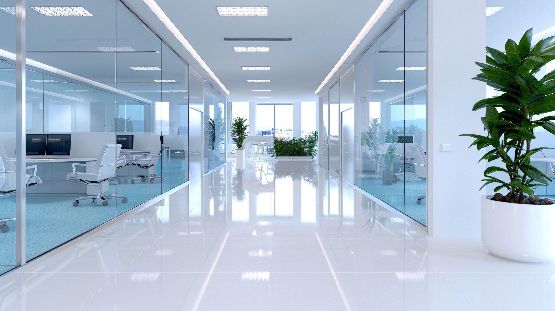 Modern Office Interior with Bright Hallway and Glass Walls