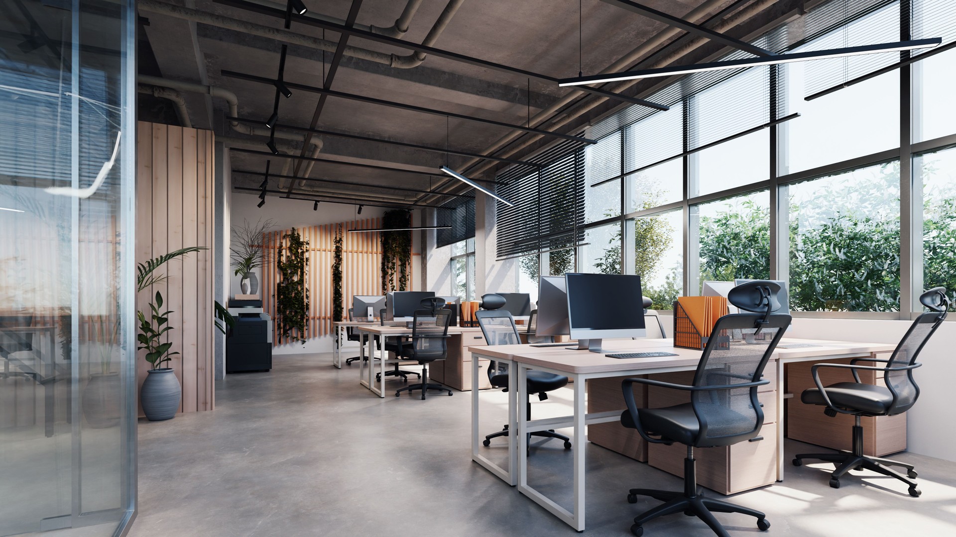 modern style publishing Office with exposed concrete Floor and a lot of plants